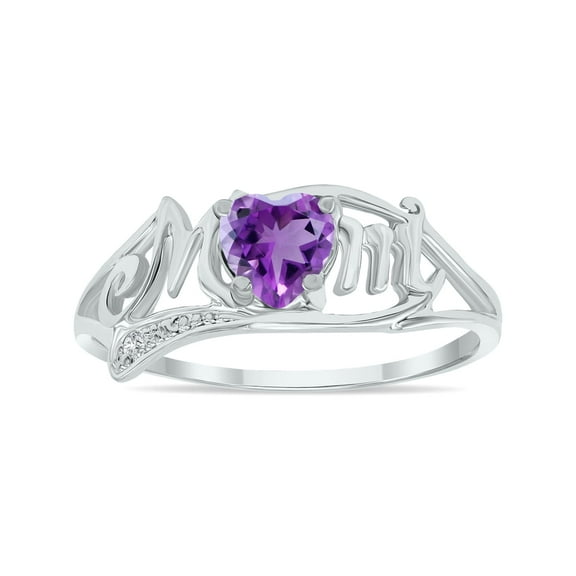 SZUL Women's Genuine Amethyst and Diamond Heart Shaped MOM Ring in 10K White Gold