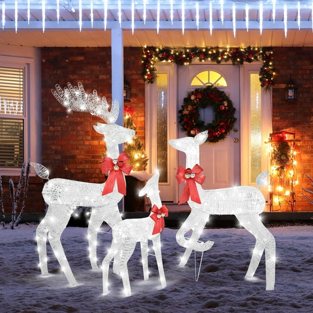 Juego de Renos Navideños Iluminados Zimtown 3 Piezas Decoración de Jardín Al Aire Libre Luces LED Plateado