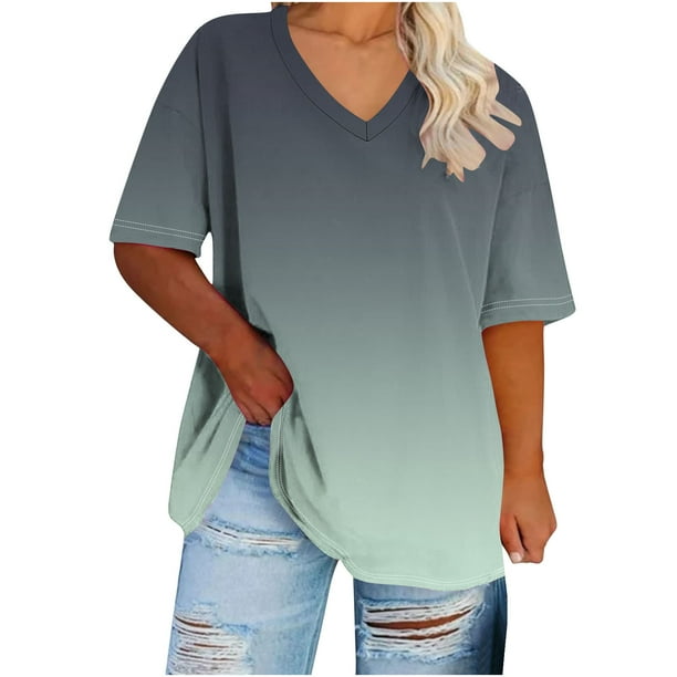 Camisetas de Verano de las Mujeres de Manga Corta con Cuello en V de Gran Tamaño Camiseta Deportiva Sólida, Base Cómoda Casual