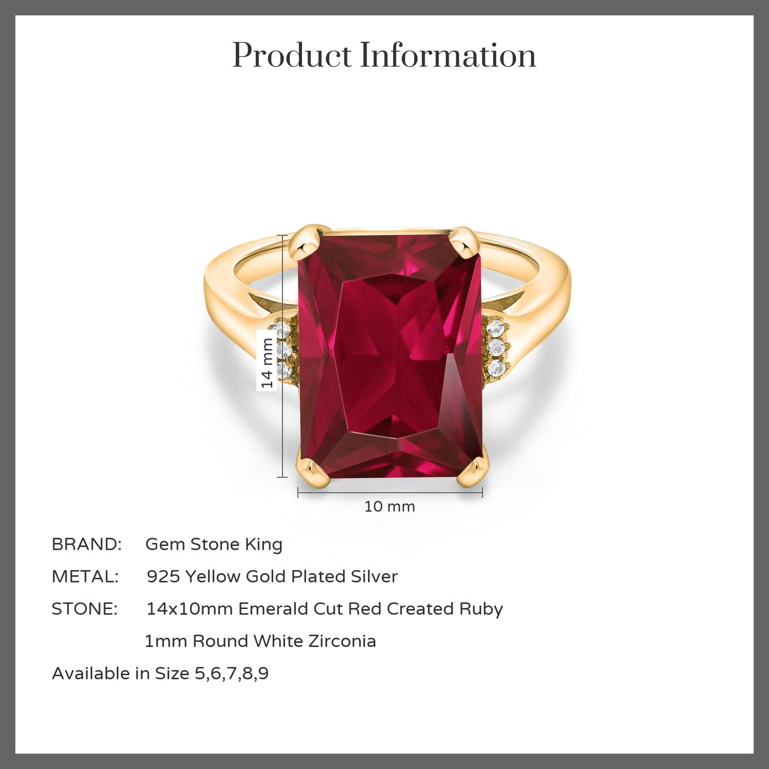 Gem Stone King 5.07 Cttw Red Created Ruby Engagement Ring for Women | 18K Yellow Gold Plated Silver| Emerald Cut 14X10MM | Gemstone July Birthstone | Size 5