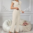 thumbnail image 2 of RongHuan Womens Pajama Set Eyelet Lace Ruffle Sleeve Top and Long Pants 2 Piece Cute Solid Color Sleepwear with Bowknot, 2 of 8