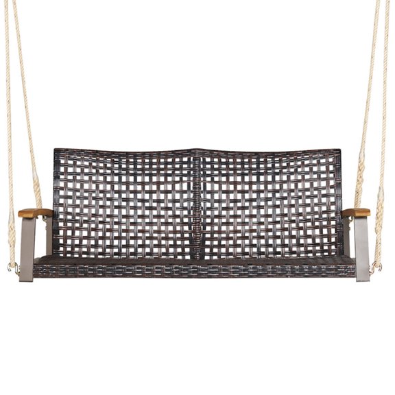 Canddidliike 2-Person Rattan Hanging Porch Swing Chair-Off White for Front Porch, Poolside, Patio, Backyard