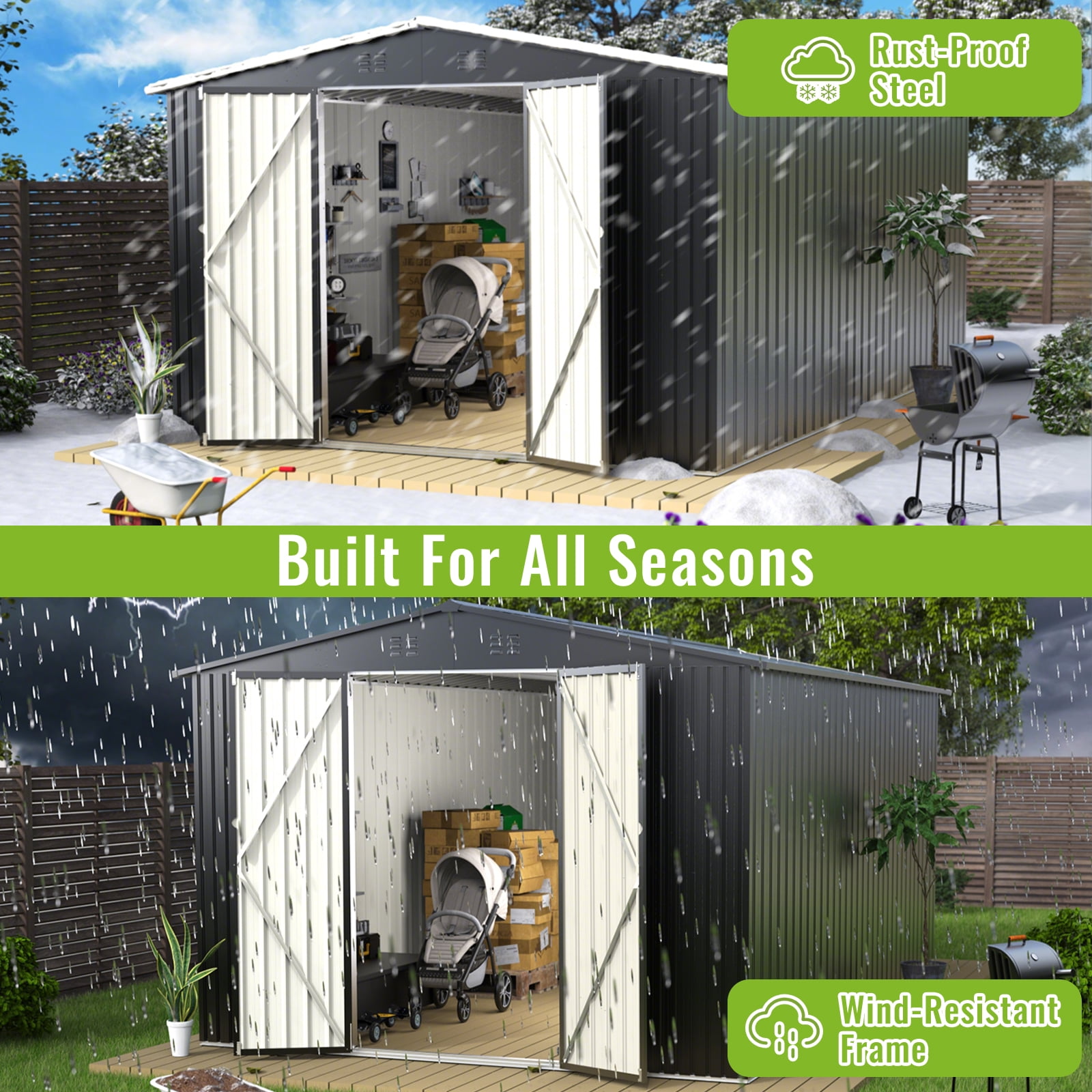 PABIMIA 10 x 14 ft Metal Outdoor Storage Shed with Roof, Lockable Doors for Lawn and Patio Furniture Storage, Black