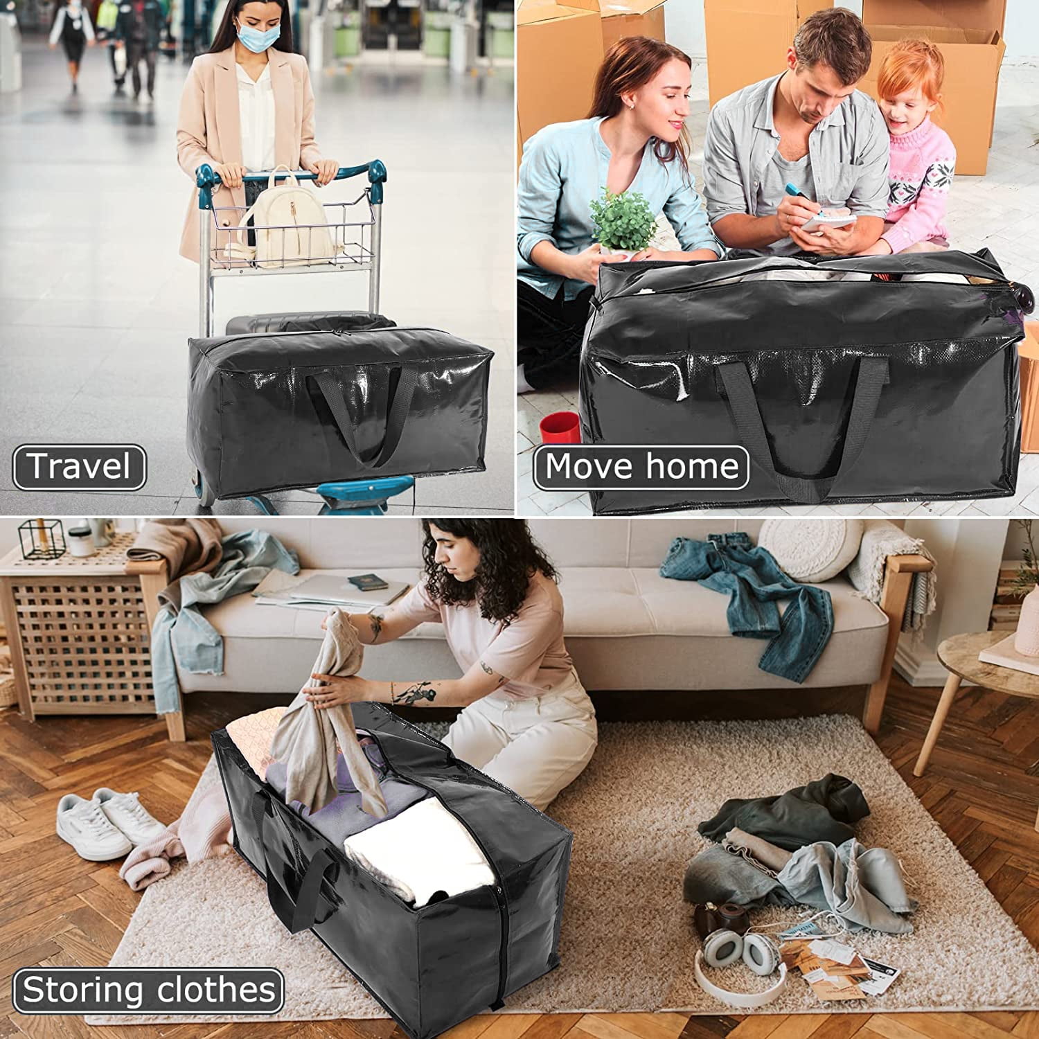 rumeng Moving Bags Heavy Duty Extra Large Cube Storage Tote for Space Saving, Traveling Organizer, with Zippers & Strong Carrying HA