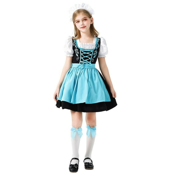 FYEGRE Elegant Bavarian Oktoberfest Dirndl Dress for Girls Traditional German Party Fancy Outfit Festival Fashion Casual Wear Blue 5-6 Years