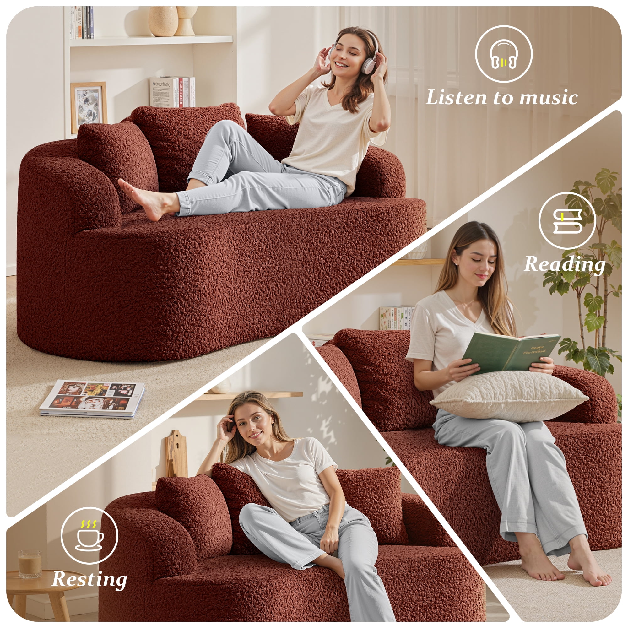 COOLHUT 65" 3 Seater Sofa Couch, Plush Floor Sofa Couch with Cozy Cushions & 3 Pillows, Curved Back Teddy Fabric Sofa for Living Room, Small Space, Red (Sofa-in-a-Box)