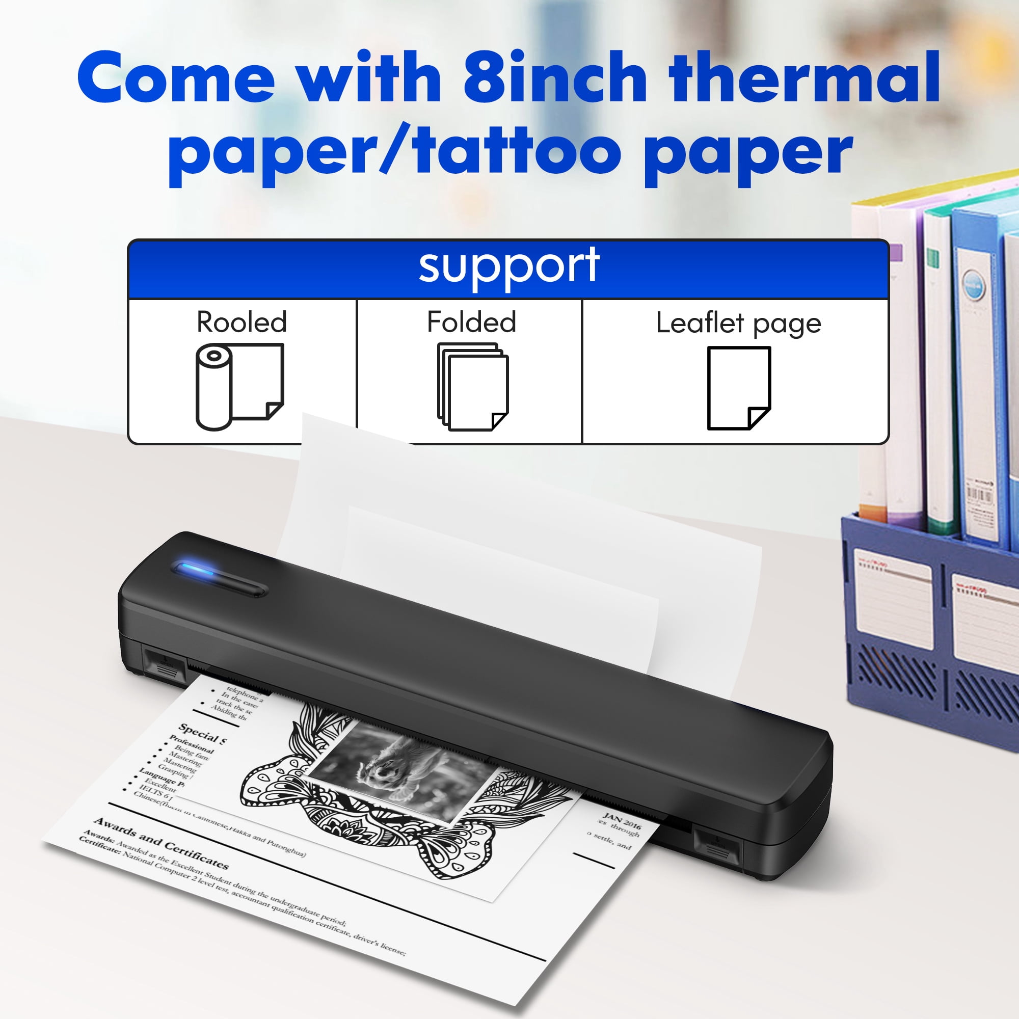 Portable Printer Wireless For Travel, Thermal Printer Inkless, Small Compact Printer Support Folding Paper/rolling/tattoo paper, Work With Laptop Phone And Pad