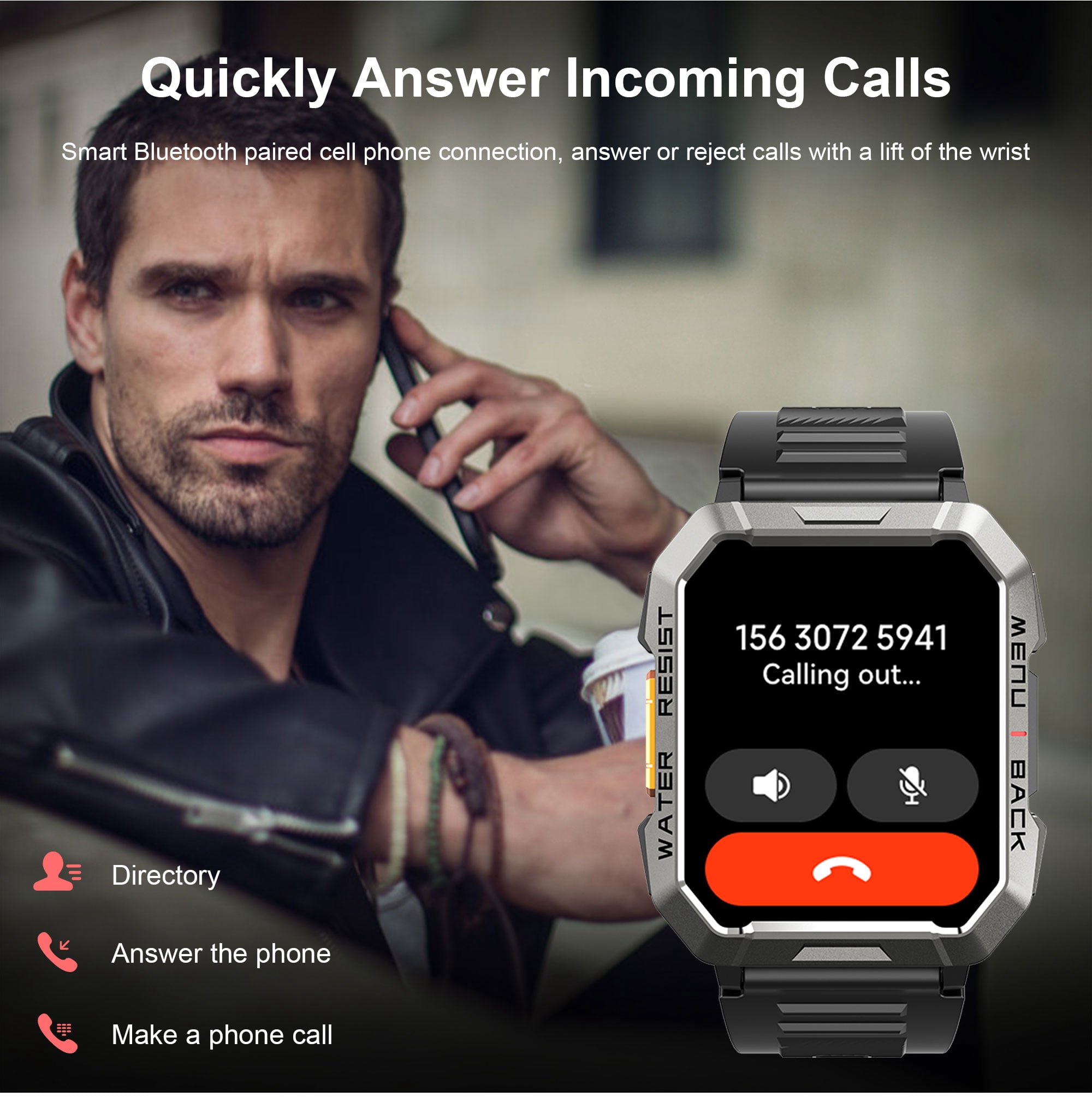 IOWODO 2.01-inch Men Military Smartwatch with Answer/Make Calls/100+ Sport Modes, 1ATM Waterproof Fitness Tracker with LED Flashlight, Travel Pedometer Watch fits for Android/Iphone Devices (Black)