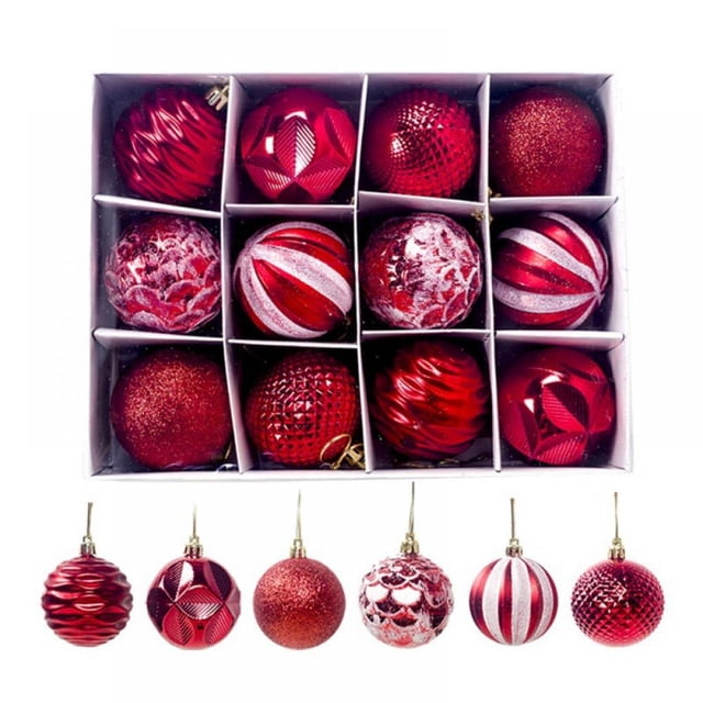 Boules de Noël en Plastique Rouge Pailletées Résistantes aux Chocs 12 Unités