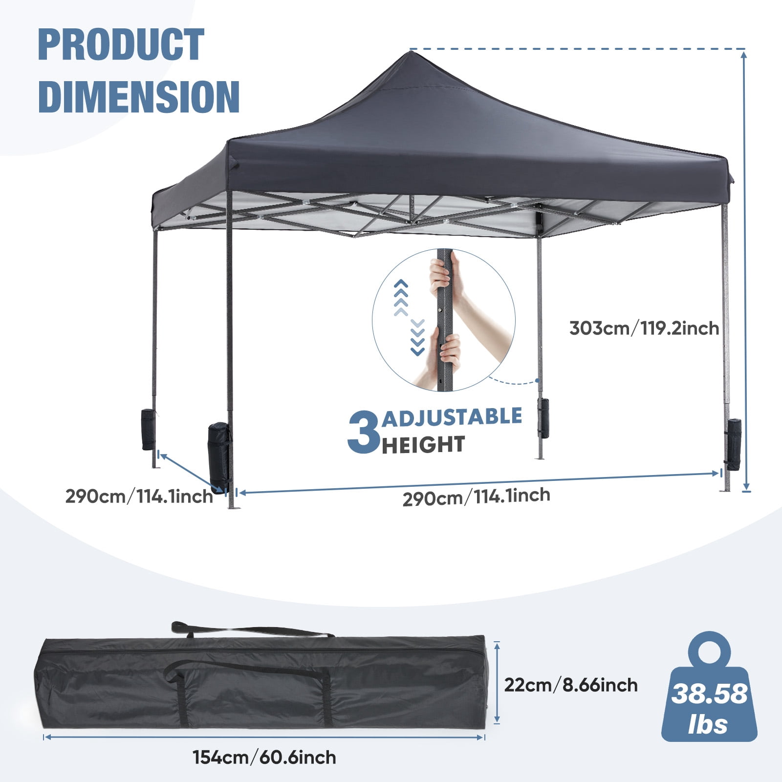 GIANNA 10x10 Pop Up Canopy, Easy Outdoor Sun Shade for Events, Parties, Camping, Portable Tent Pop Up Shade Canopy with Sand Bags,Grey