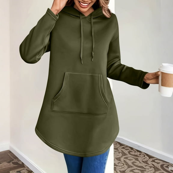 GuzomFashion Womens Longline Hoodie 100% Polyester - Kangaroo Pocket, Adjustable Drawstring, Army Green, S-XXL,Size XL