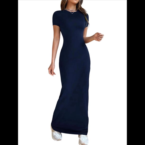 Vestido de Noche Ajustado, Elegante, Informal, con Cuello Redondo y Mangas para Mujer Azul Oscuro L