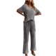 thumbnail image 1 of Conjunto de Sudor para las Mujeres de la Pierna Ancha de Moda Sólido Cuello en V de Manga Corta Pijamas, Pantalones Recortados Casuales Conjunto para el Descanso Y el Ocio en Interiores, 1 of 7