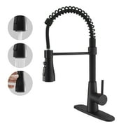 BESy Kitchen Faucet with Pull Down Sprayer, High-Arc Single Handle Single Lever Spring Rv Kitchen Sink Faucet with Pull Out Sprayer, 5 Function Laundry Faucet with Cover Plate, Matte Black