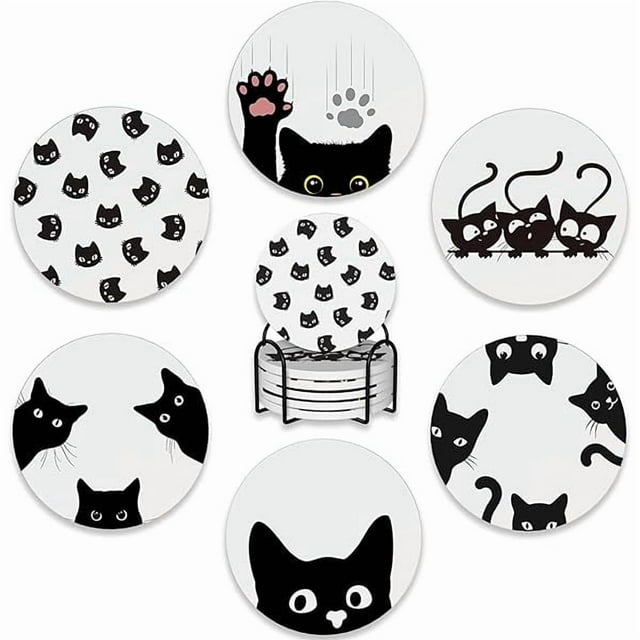wonima02 Drink Coasters Set of 6 with Holder,Cute Black Cat Absorbent Ceramic Coasters with Cork Base,Fit All Cups,Tabletop Protection Mat for Mugs and Cups,Office,Kitchen