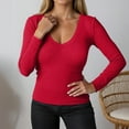 thumbnail image 2 of Arlun,Womens Long Sleeve Tight Stretchy T Shirts Deep V Neck Ribbed Knit Fall Casual Thin Slim Fit Basic Tshirts 2025 Soft Lightweight Comfortable Solid Color Lounge Tops Red XL, 2 of 5