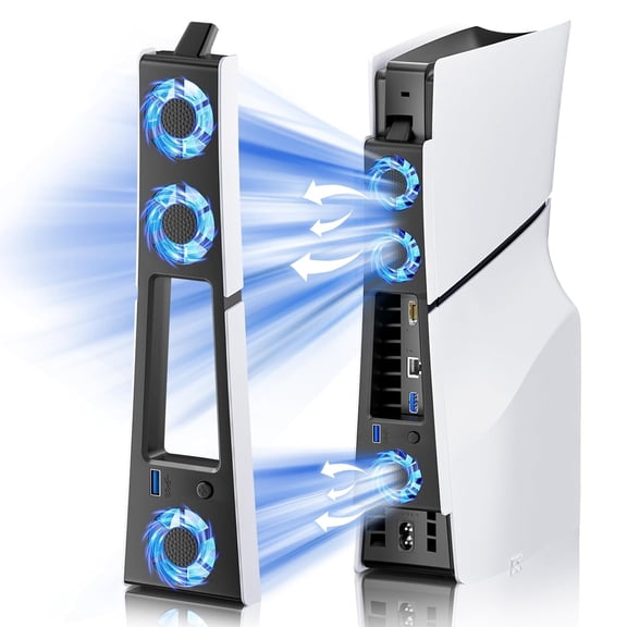PS5 Slim Cooling Fan, PS5 Slim Cooler with 3 Upgraded Quiet Fans & USB 3.0 Port for Digital Edition/Disc Version, 2-Level Speed Cooling Stand Accessories for PS5 Slim Console with Blue LED Light