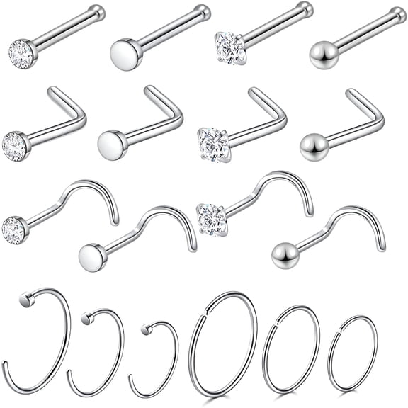 DESIGNICE Nose Ring Set, Surgical Steel L Shaped Nose Studs, 20 Gauge Nose Hoop Jewelry