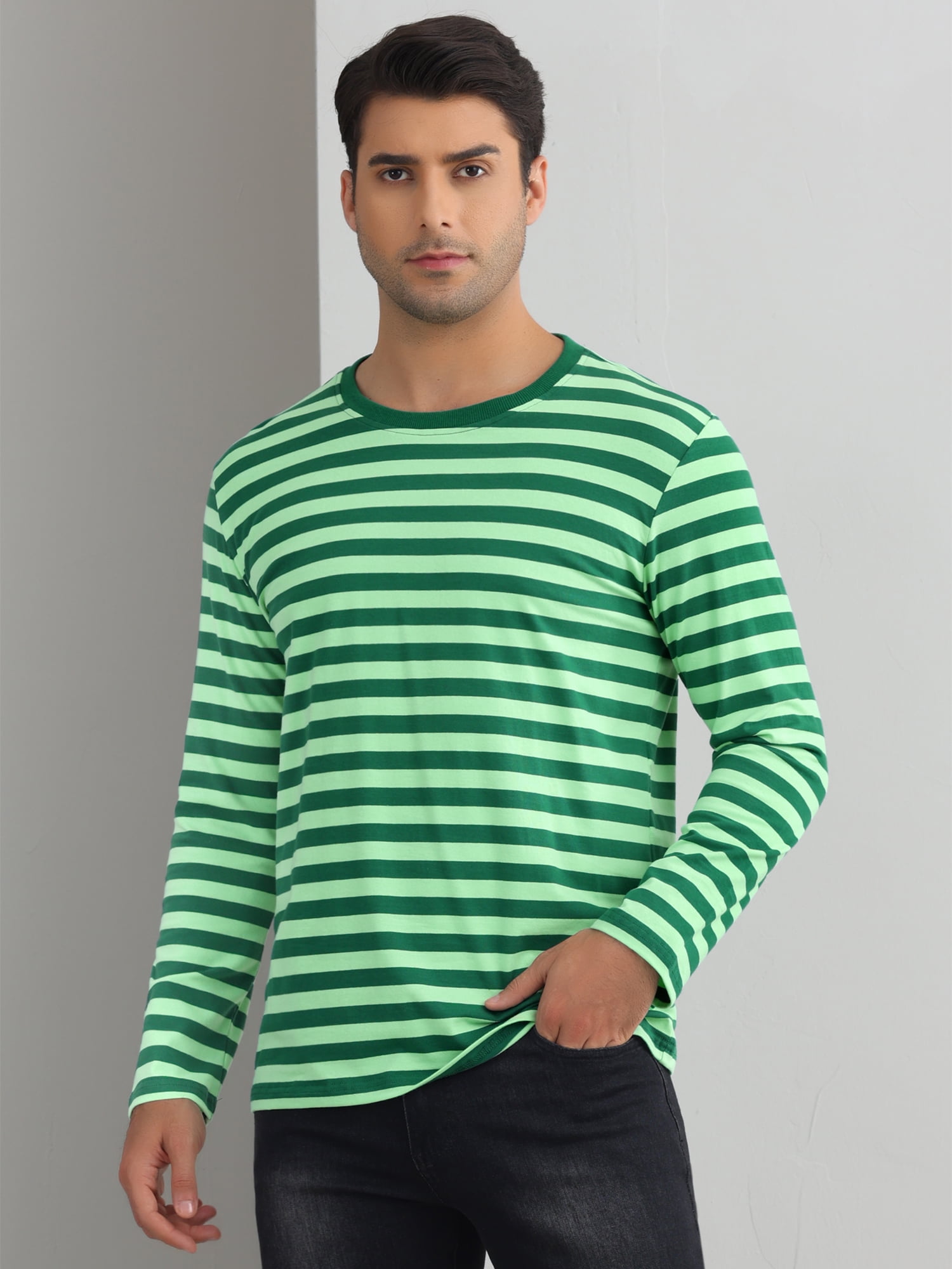 DARING DIVA Men's Striped Sweatshirts Stripes Long Sleeve Casual T-Shirt 2XL Green White
