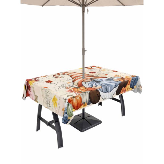 Outdoor Tablecloth with Umbrella Hole and Zipper, Gnomes Pumpkin Fall Rectangle Table Cloth 60x120 Inch Waterproof Tablecloth, Thanksgiving Branches Maple Leaves Picnic Table Cover for Patio Camping