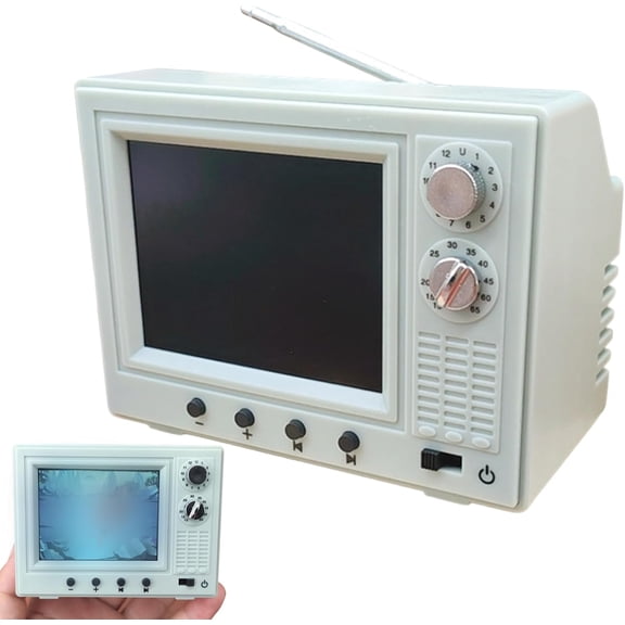 Mini Work TV for Dollhouse, 1:12 Scale Retro TV with 720P Screen, 8GB Storage, USB Playback, Rechargeable(White)