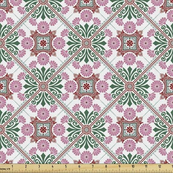 Ethnic Upholstery Fabric by the Yard, Boho Style Mosaic Tiles Swirly Lines Flowers Moroccan Art, Decorative Fabric for DIY and Home Accents, Pale Pink Red by Ambesonne