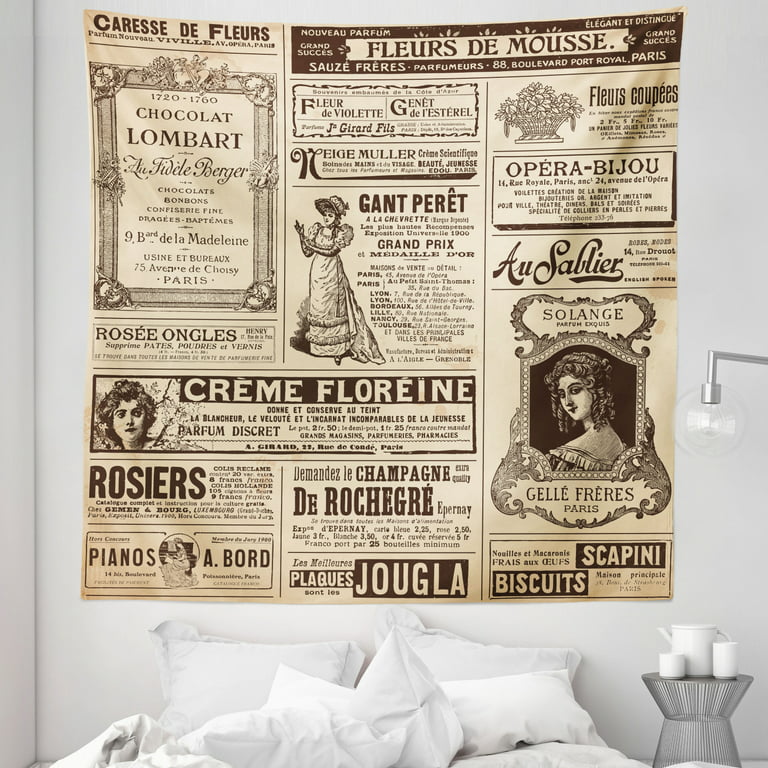 Vintage Tapestry, Vintage Old Historic Newspaper Journal French Paper  Lettering Art Design, Fabric Wall Hanging Decor for Bedroom Living Room  Dorm, 5