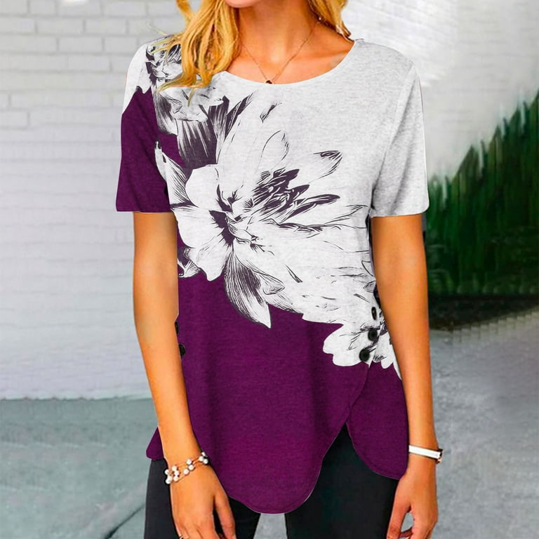 Olyvenn Summer Womens Tunic Tops Irregular Hem Shirts Workout Drop Short  Sleeve Womens Tops Elegant Floral Tees Trendy 2023 Boat Neck Shirts Buttons  Comfy Loose Fit Casual Flowy Blouse Purple 10 