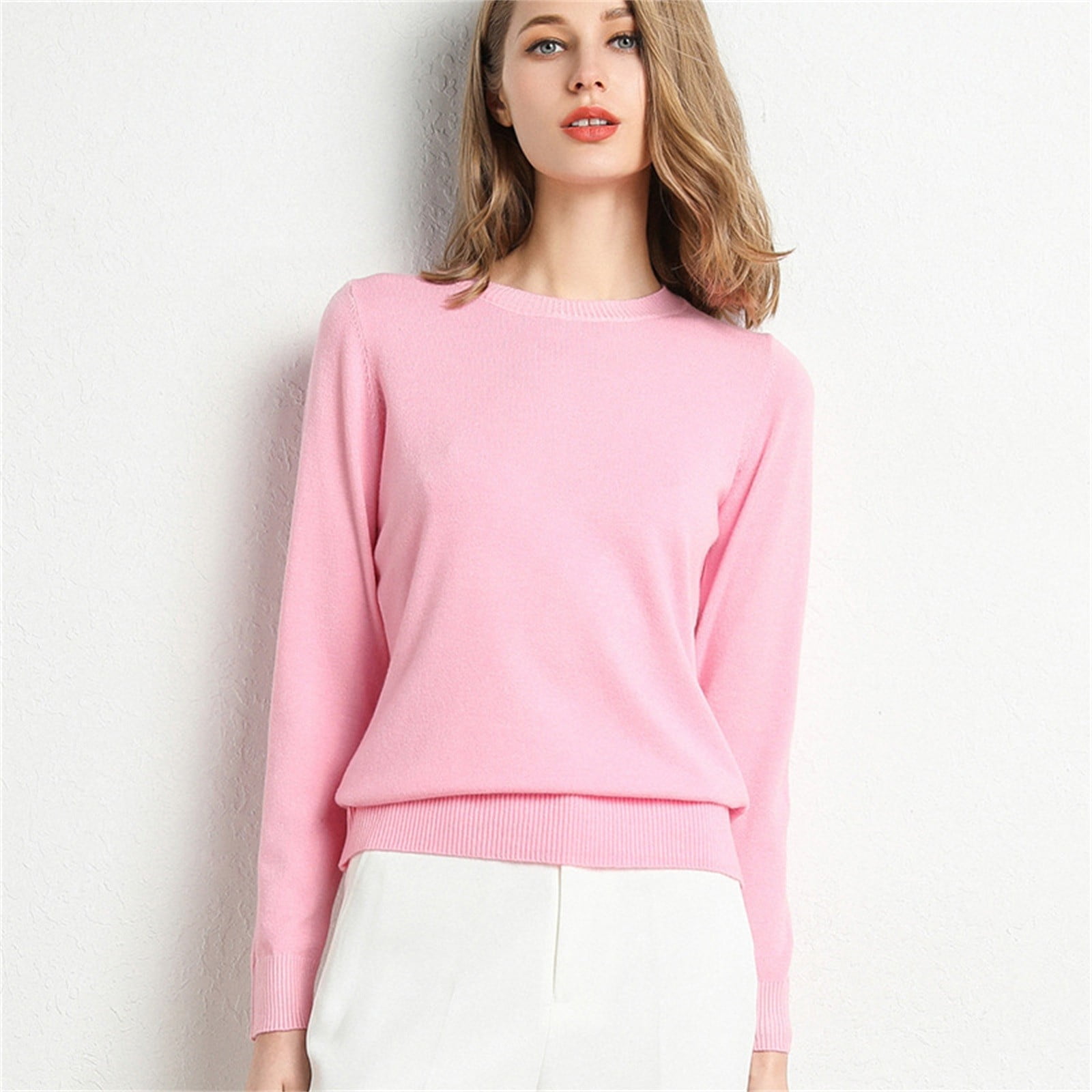 Womens Sweaters, Women's New Round Neck Long Sleeve Loose Pullover Solid Knit Bottom Shirt, Sweaters for Women, Winter Jackets for Women, Pink XL - image 2