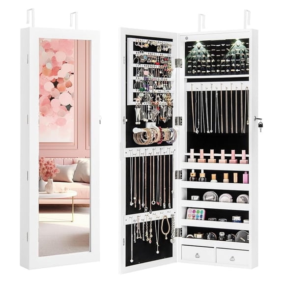 WDZS Jewelry Armoire Wall Door Mounted, Lockable Jewelry Cabinet with 42.5'' Full Length Mirror, 2 LEDs Jewelry Organizer Box with 2 Drawers, Mirror with Jewelry Storage (White)