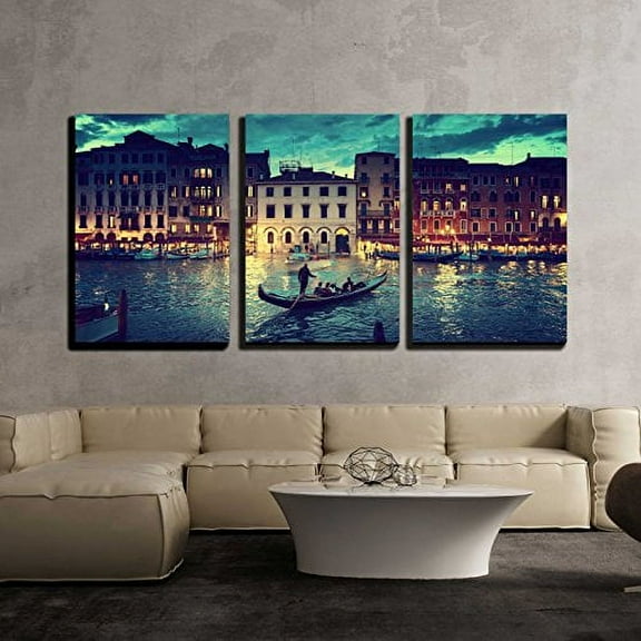 wall26 - 3 Piece Canvas Wall Art - Grand Canal in Sunset Time, Venice, Italy - Modern Home Art Stretched and Framed Ready to Hang - 16"x24"x3 Panels