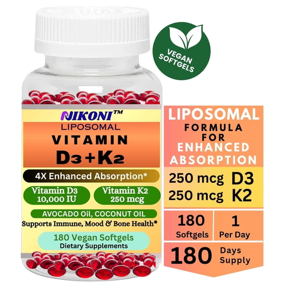 Nikoni Liposomal Vitamin D3 10,000IU   K2 Softgels Dietary Supplement, High Strength, 180 Vegan Softgels