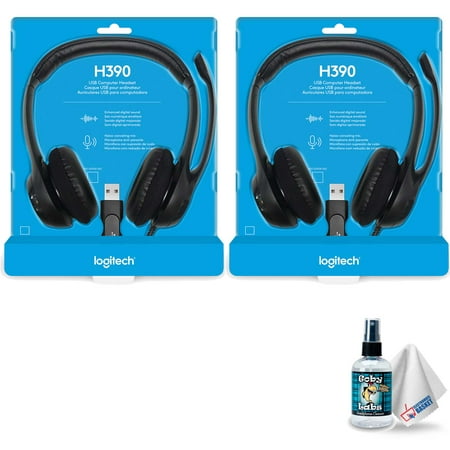 Logitech USB Headset H390 With Noise cancelling Microphone - Includes Headphone Cleaner With MicroFiber Cleaning Cloth - 2 Pack Bundle