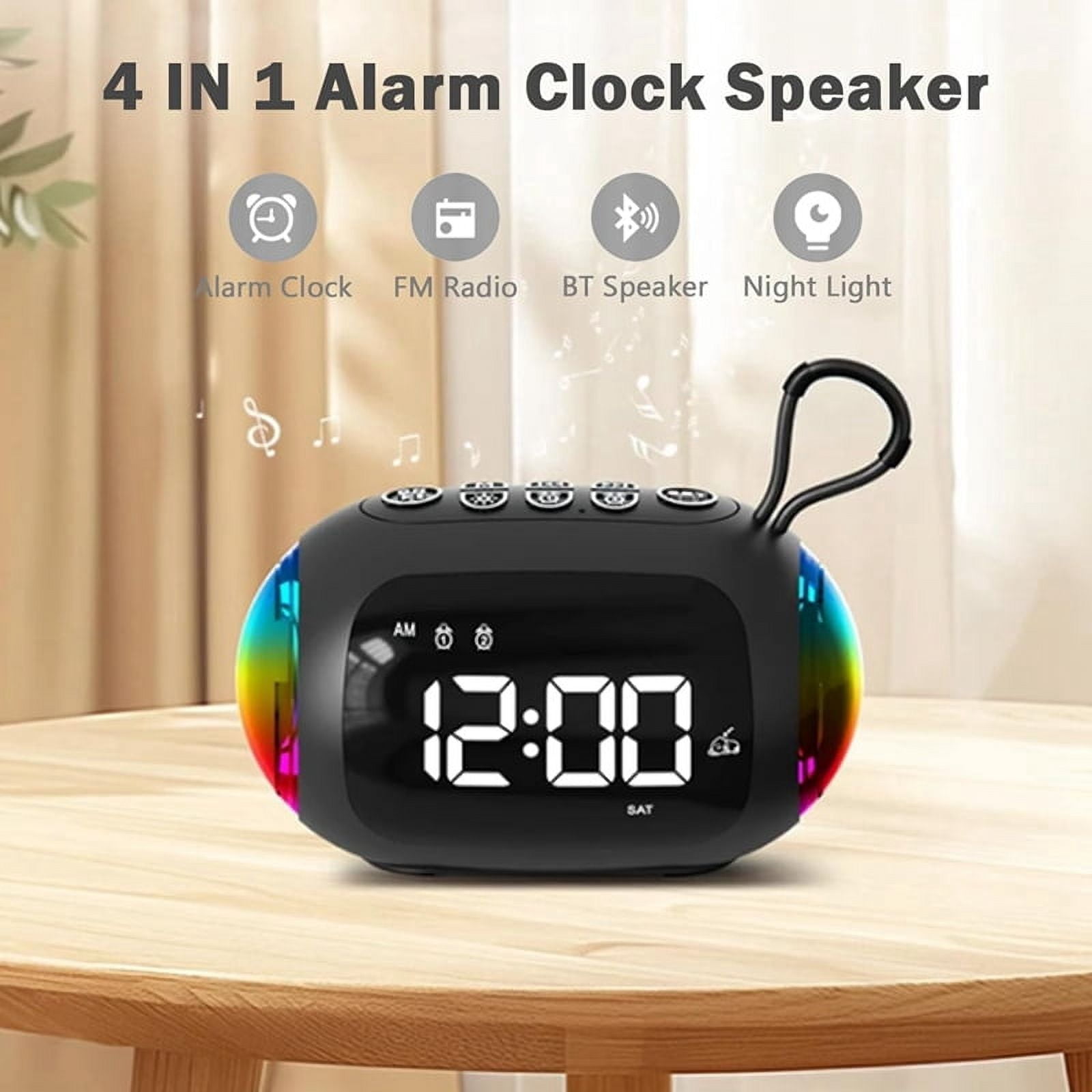 Portable Alarm Clock FM Radio Bluetooth Speakers Colorful Light Subwoofer with Dimming Display Dual Alarm Music Player,A