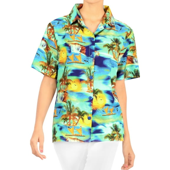 LA LEELA Hawaiian Shirts Womens Casual Summer Beach Party Blouse Shirt Blouses Button up Short Sleeve Vacation Dress Shirts for Women S Beach Island, Blue