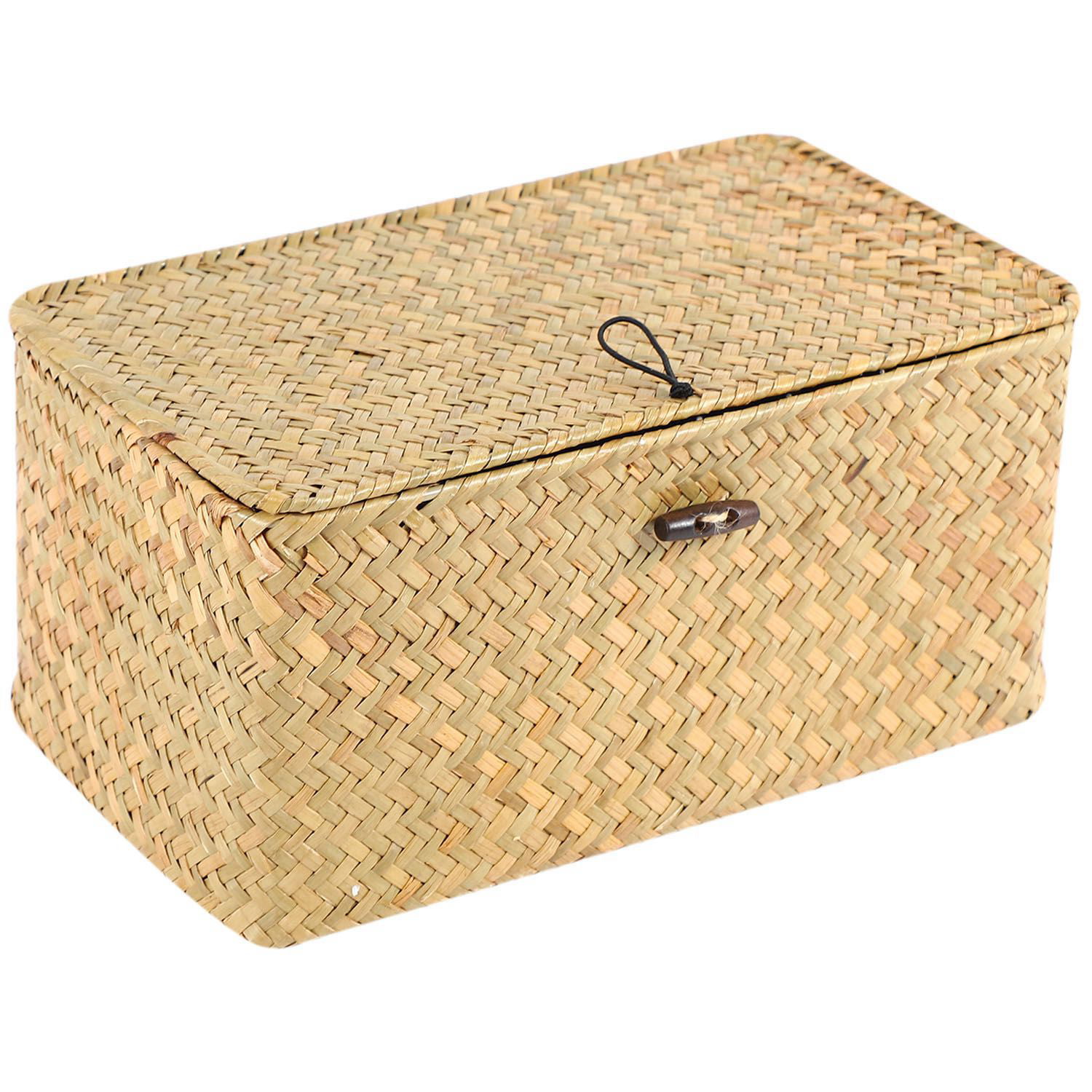 S Baoblaze Seagrass Basket Handmade Woven Storage Basket with Lid Makeup Organizer Storage Box Seagrass Laundry Baskets Rattan Jewelry Box