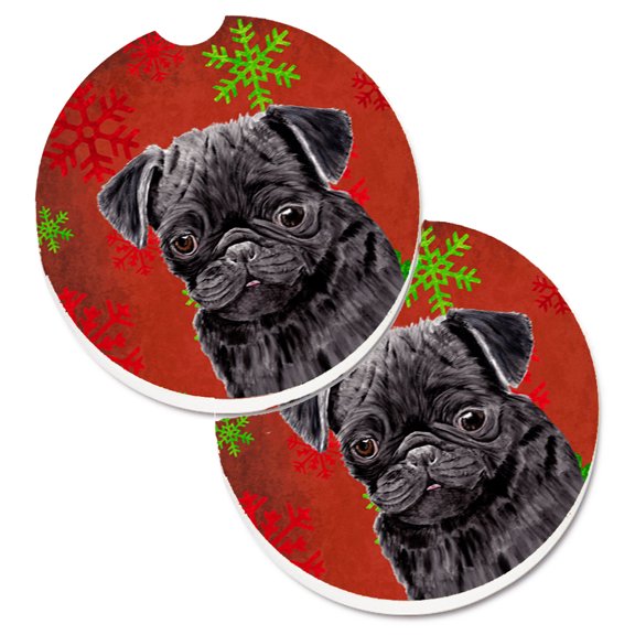 Pug Red and Green Snowflakes Holiday Christmas Set of 2 Cup Holder Car Coasters