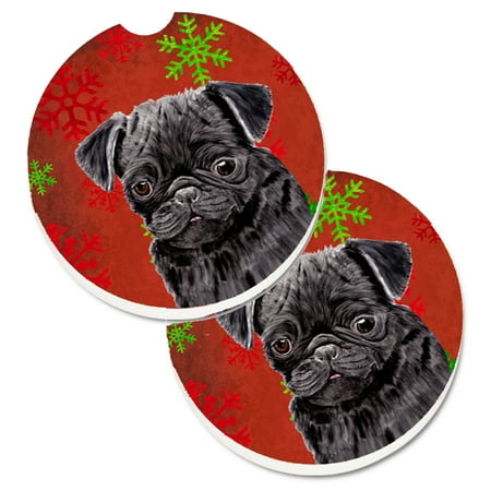 

Carolines Treasures SC9406CARC Pug Red and Green Snowflakes Holiday Christmas Set of 2 Cup Holder Car Coasters Large