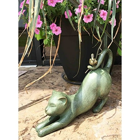 Crouching Cat (Curiosity Crouching Playful Cat With Best Friend Bird Aluminum Statue Elegant Home Garden Poolside Outdoor Figurine Cottage Villa Cozy)