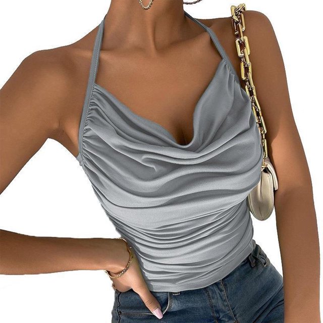 Camiseta sin mangas fruncida con cuello Halter para mujer, Top sin mangas de Color puro, camiseta sin espalda a la moda, Top ajustado con tirantes