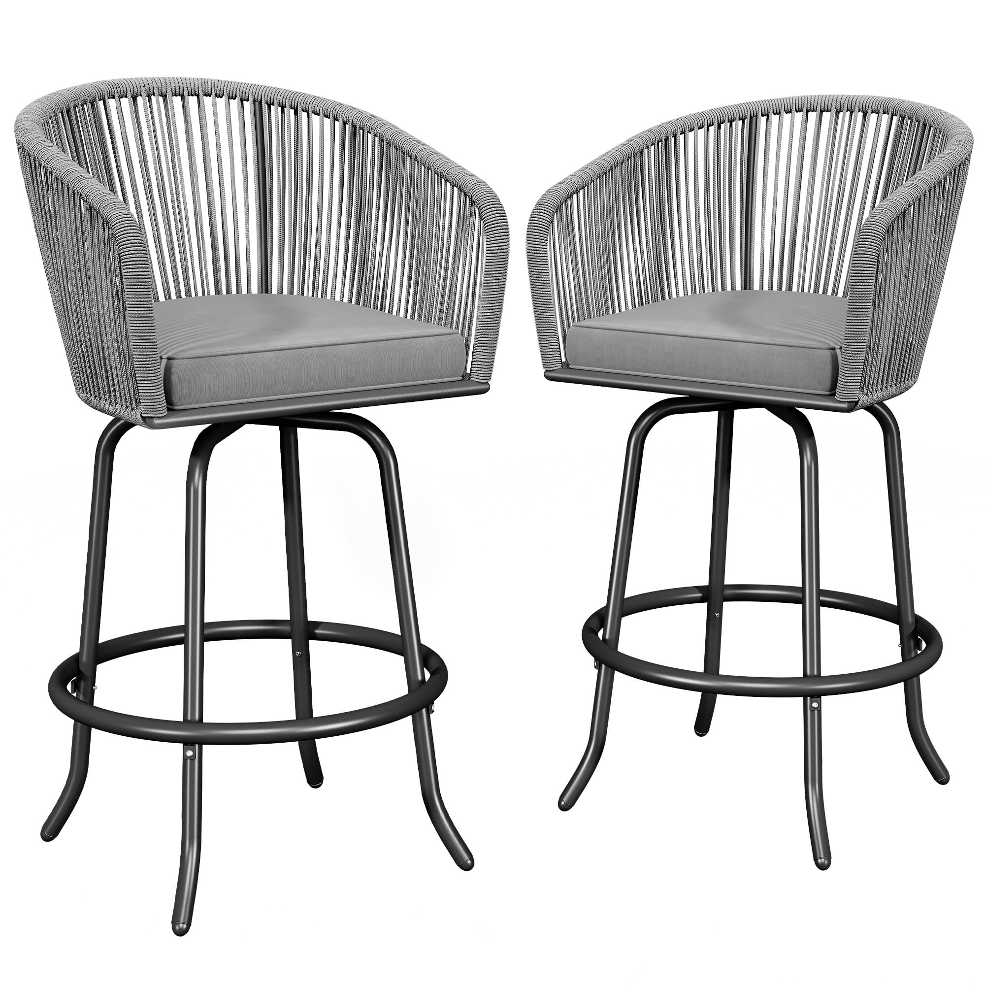 Uforic Set of 2 Patio Bar Stools, Counter Height Swivel Bar Stools with Cushions, Outdoor Rattan Patio Chairs for Indoor Outdoor Backyard Balcony Deck Lawn, Gray