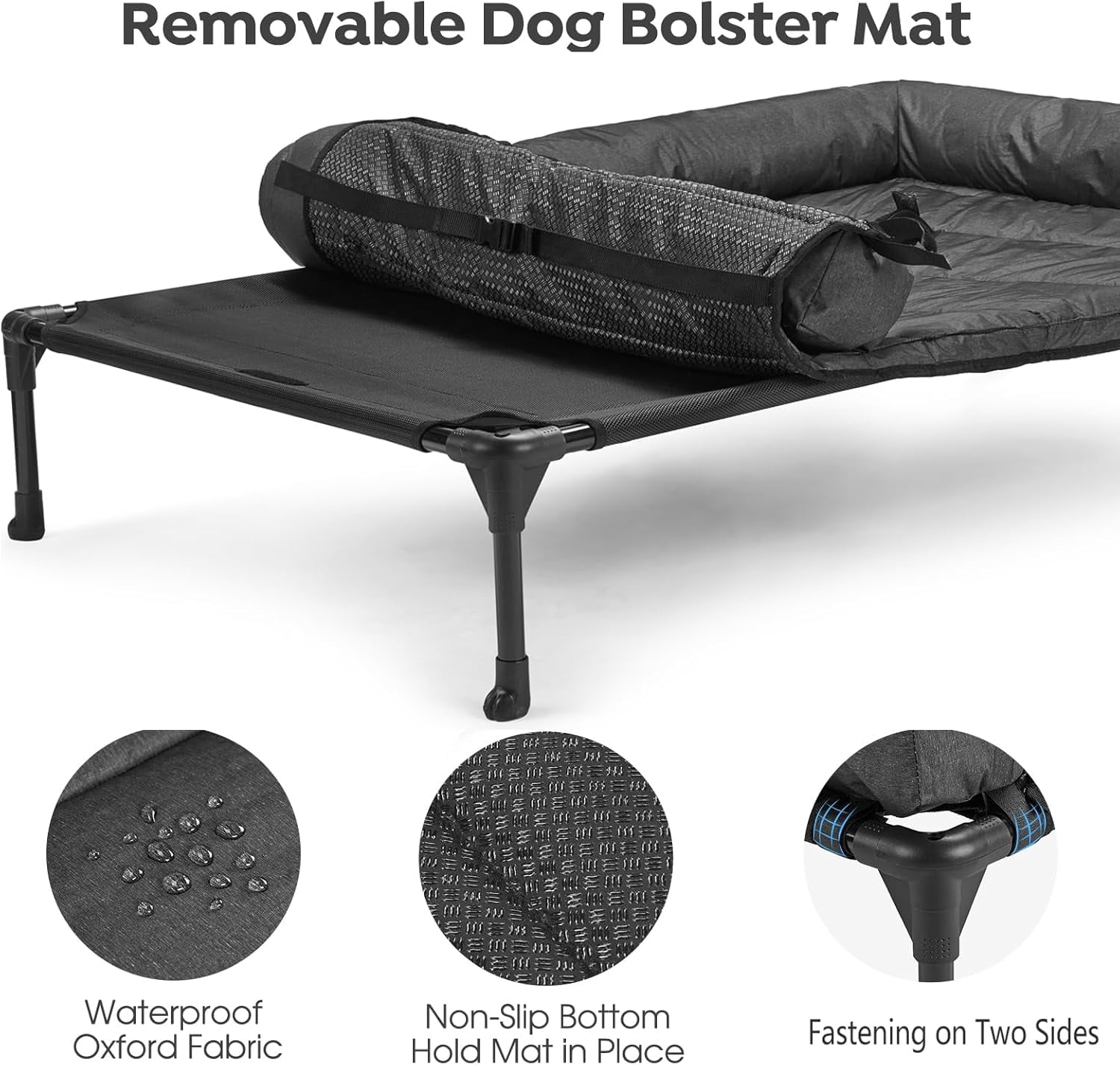 Elevated Dog Bed Add Removable Waterproof Bolster Cushion Mat, Raised Pet Cot with Breathable Teslin Mesh, No-Slip Feet, Dog Sofa Bed for Indoor Outdoor, Medium, Black CWC2331B