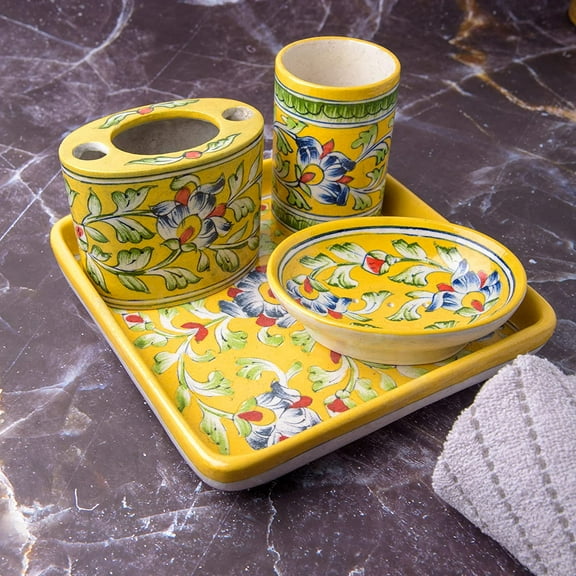 India Meets India Yellow Ceramic Brush Holder, Soap Dish, Shaving Kit Holder, Tray Blue Art Pottery Bath Accessory Set of 4