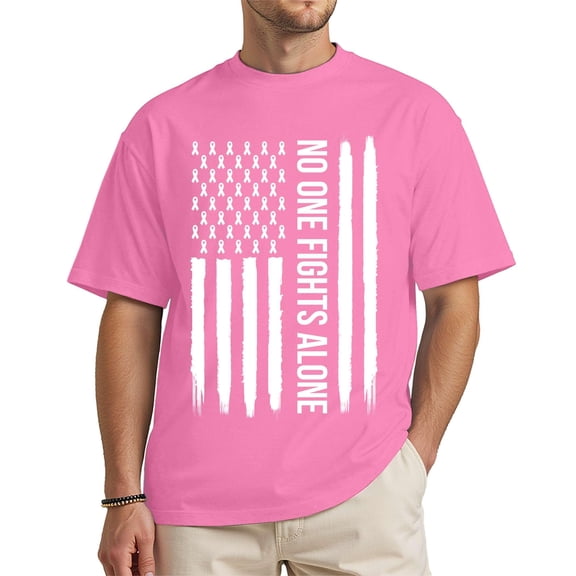 Unisex Breast Cancer Awareness Shirt – No One Fights Alone – Pink Ribbon American Flag Support Tee – Azalea Small