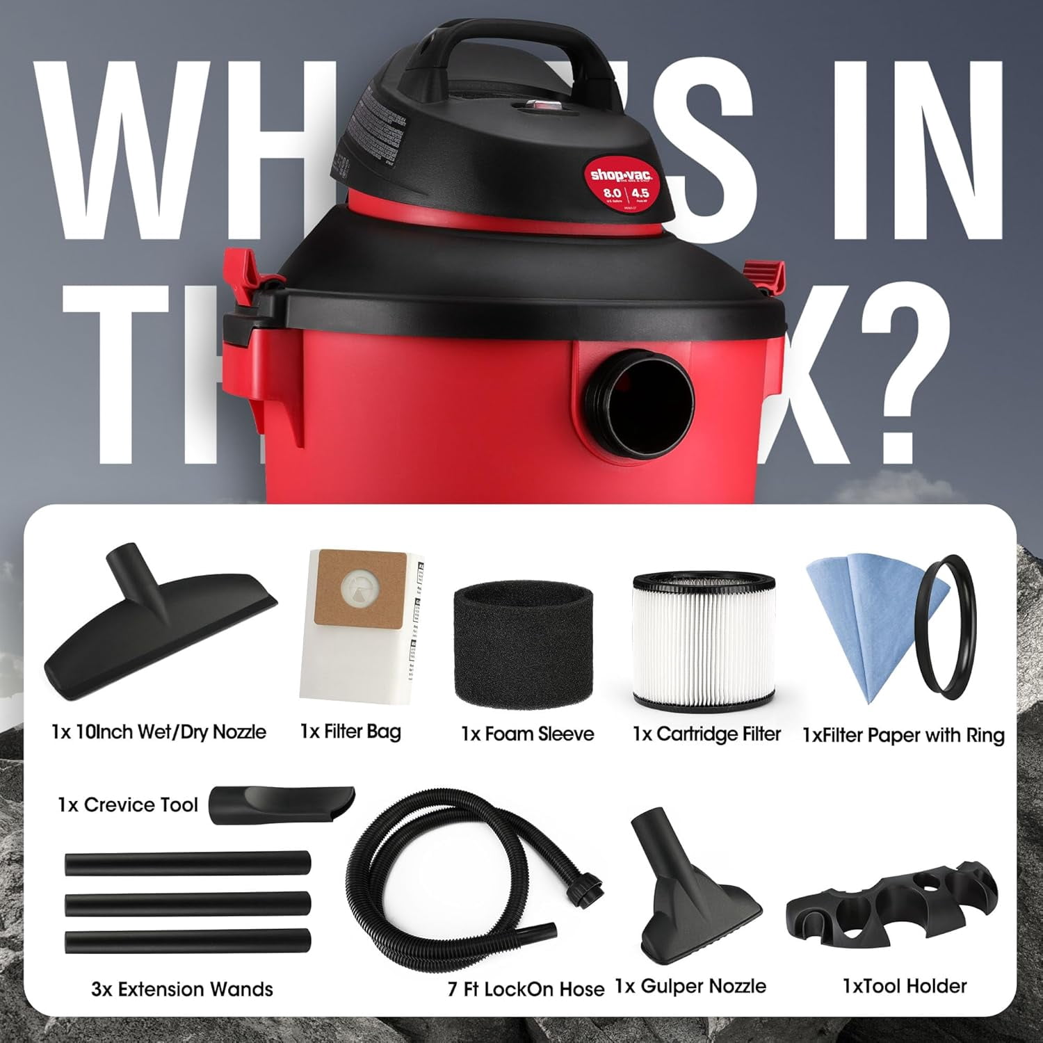 Shop-Vac 8 Gallon 4.5-Peak HP Wet/Dry Vacuum, 3 in 1 Function with Filter, Hose and Accessories, Ideal for Jobsite, Garage, Car & Workshop. 5971836