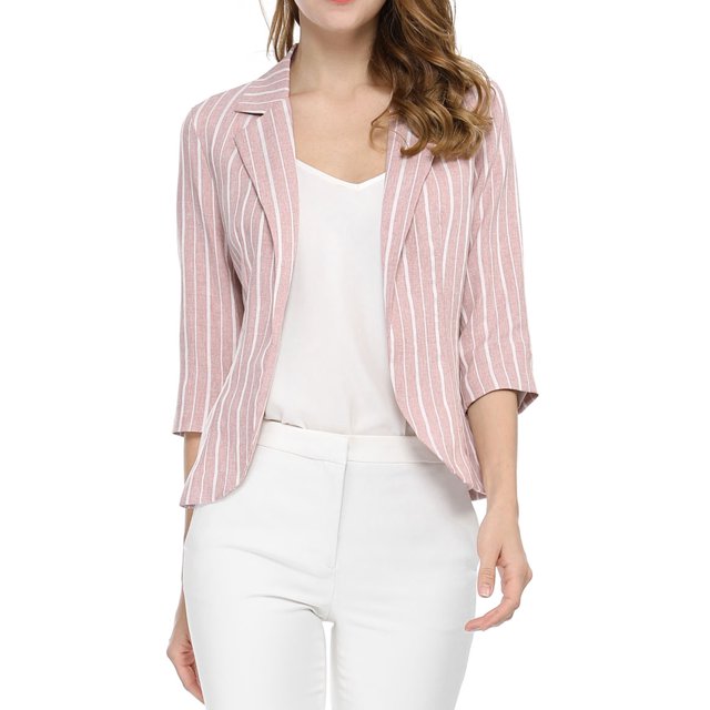 INSPIRE CHIC Women's Striped Blazer 3/4 Sleeves Casual Open Front Notched Lapel Blazer M Pink
