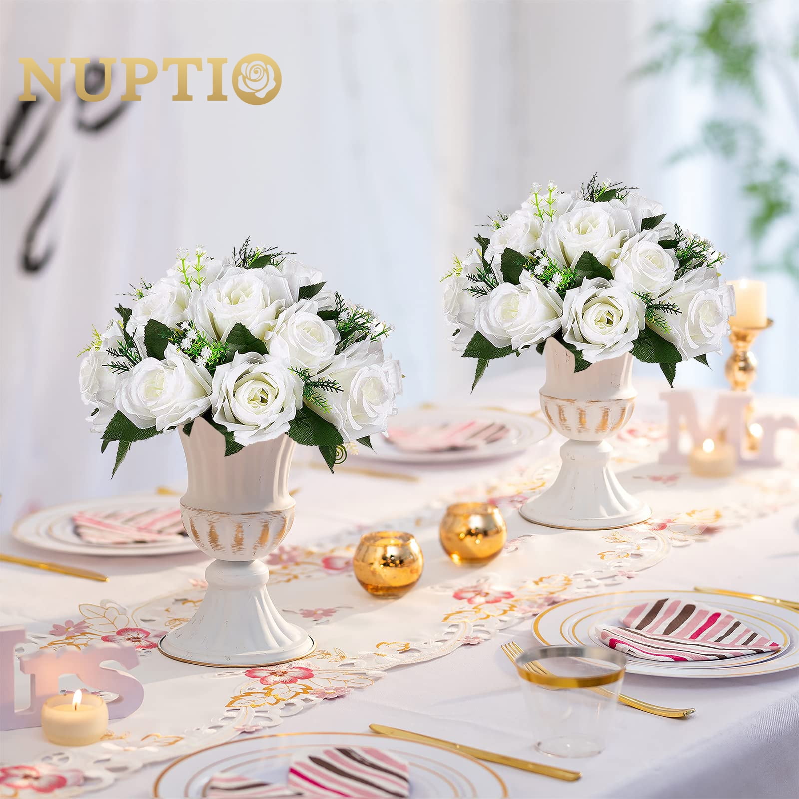 Nuptio Set of 10 White Rose Artificial Flower Kissing ball, 15 Heads Fake Peony Silk Flowers Bouquet for Centerpiece Wedding Birthday Party Home Table Decor