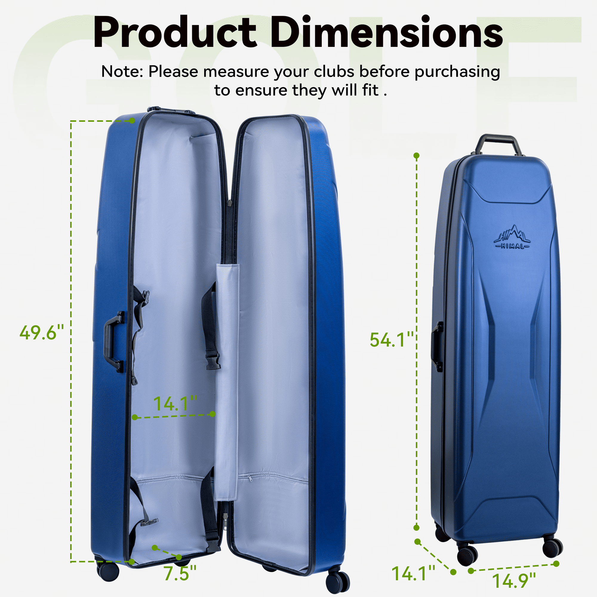Golf Travel Bag Hard Case- 4 Multi-Directional Wheels for Airline, Lightweight & Durable PC Hard Shell for Protect Golf Bag and Clubs (14.9x14.1x54.1in)