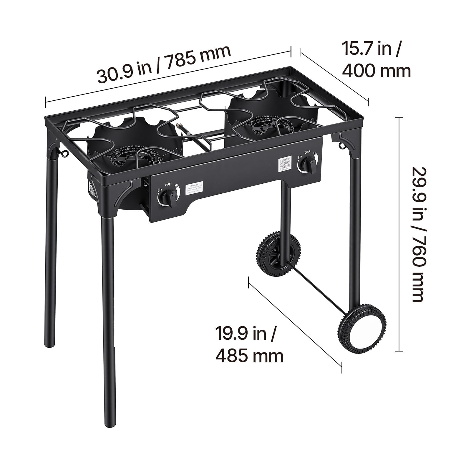 KFFKFF 2-Burner Outdoor Propane Gas Stove, 150,000 BTU LPG Camping Cooker, Durable Carbon Steel Design with Wheels, 20 PSI Regulator & Hose, Ideal for BBQs, Camping, and Backyard Use