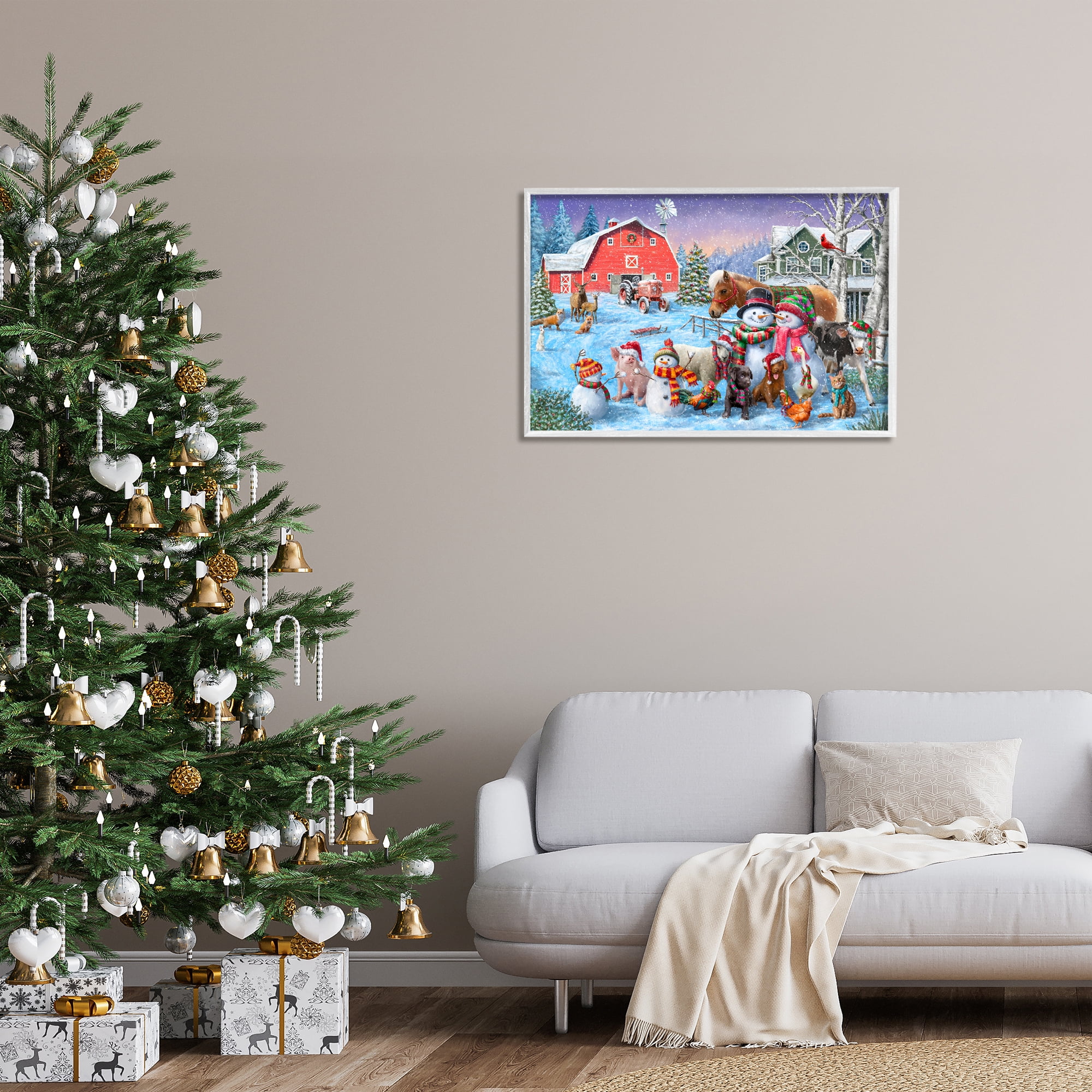 Stupell Industries Snowman & Dogs Family Holiday Painting White Framed Art Prints Wall Art, 30 x 20